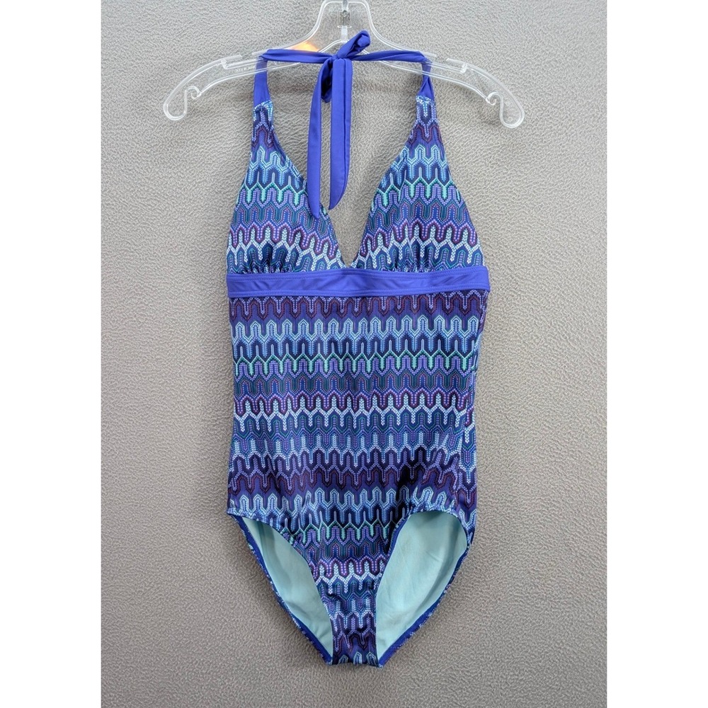 Prana Geometric Zigzag Halter One Piece Swimsuit Size M Purple Beach Summer - Picture 2 of 9